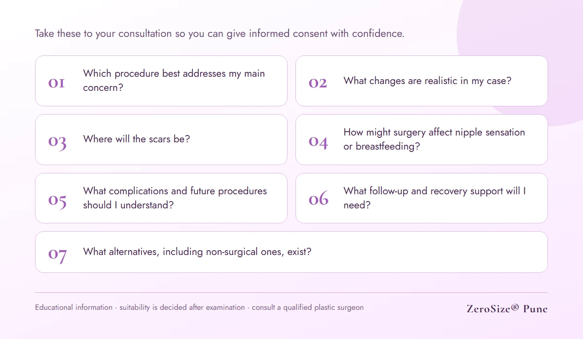 Seven questions to ask before breast surgery about suitability, scars, sensation, breastfeeding, complications and alternatives
